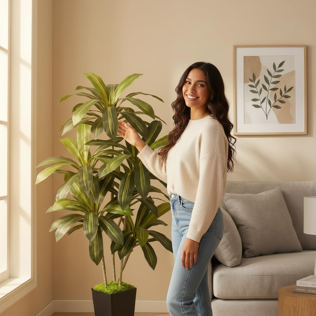 Artificial Dracaena Tree 6FT, Fake Tree with Black Tall Planter - Faux Yucca Tall Fake Floor Plant in Pot - Artificial Plant for Home Office Living Room Decor Indoor
