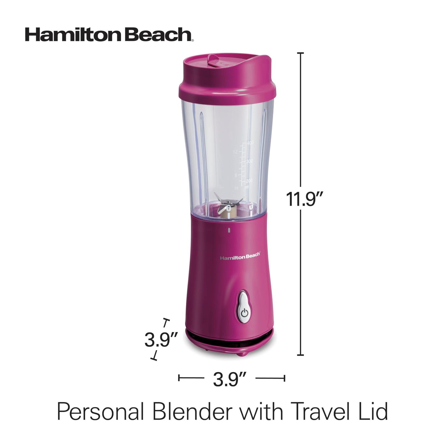 Hamilton Beach Portable Blender for Shakes and Smoothies, 14 Oz BPA Free Travel Cup & Lid, Durable Stainless Steel Blades, Personal Smoothie Blender, Raspberry, 51131G