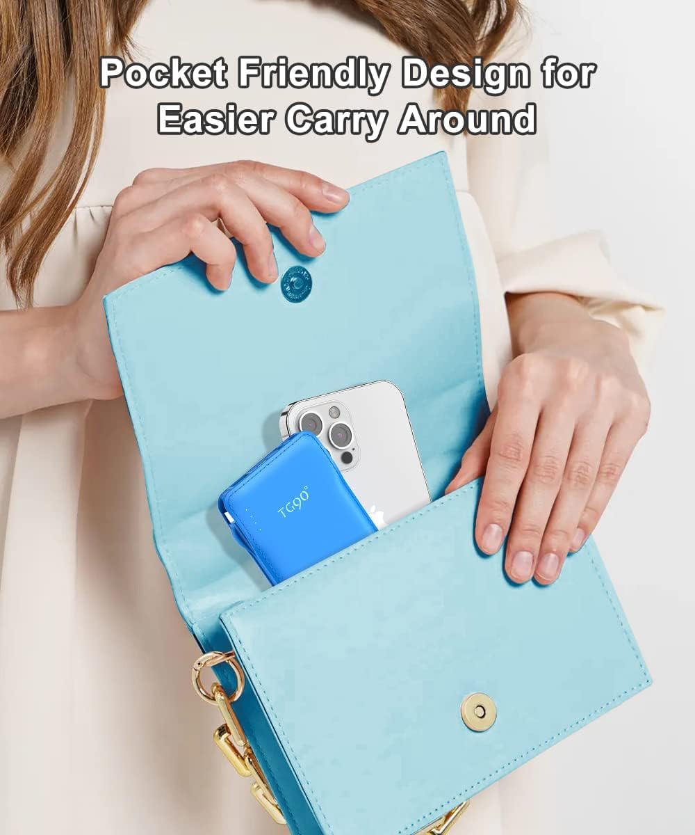 TG90° Portable Charger 10000mah Cell Phone Battery Backup, Ultra Slim Power Bank with Built in Lightning and USB-C Cable, Portable Phone Charger Battery Packs Compatible with iPhone Android Phones