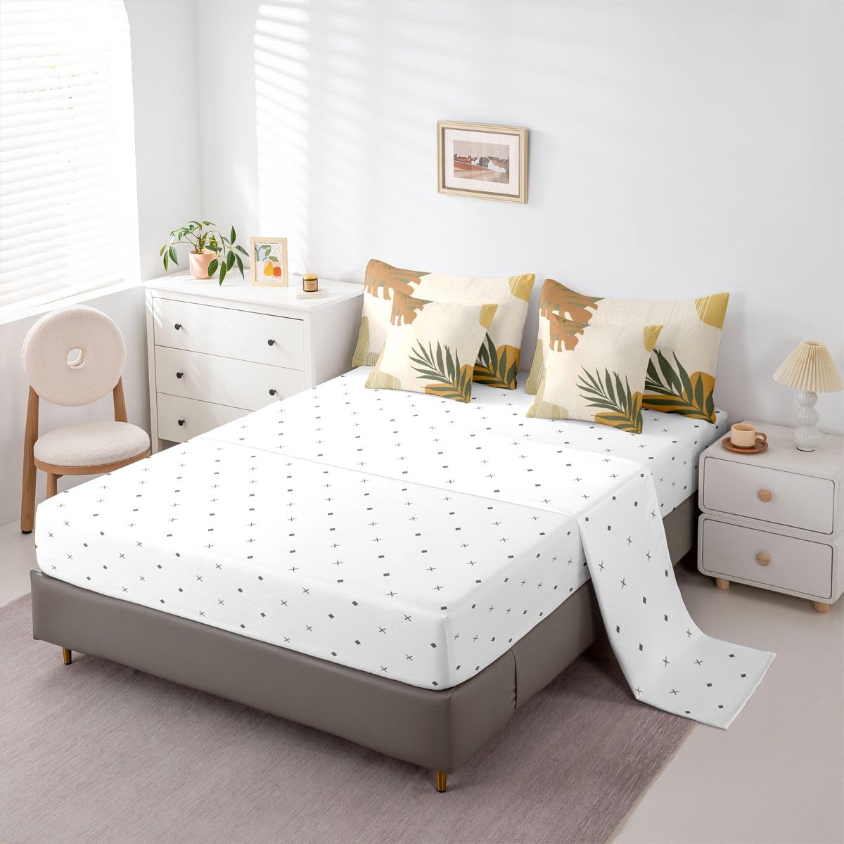 Erosebridal Beige Green Boho King Size 7 Pcs Bedding Set, Mid Century Abstract Simple Comforter Set with Sheets, Modern Minimalist Arch Geometric Bed Sets, Tropical Palm Leaf Aesthetic Bed in A Bag