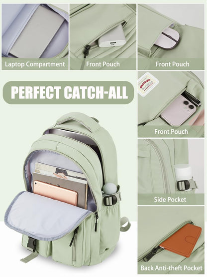 FIORETTO Lightweight School Backpack Womens, Cute School Bag for Teenager Girls, 14 Inch Laptop Rucksack Casual Daypack Backpack for Travel College Work Green