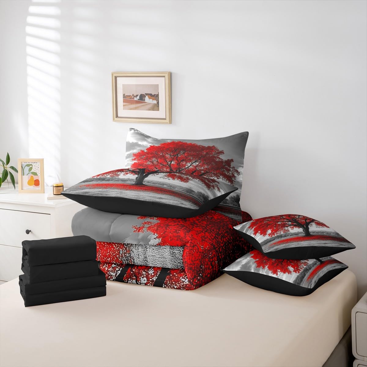 Erosebridal Tree of Life Full Comforter Set, Maple Tree 7-Piece Bed in A Bag, Gothic Nature Branch Sheets and Pillowcases, Kids Adult Bed Sets