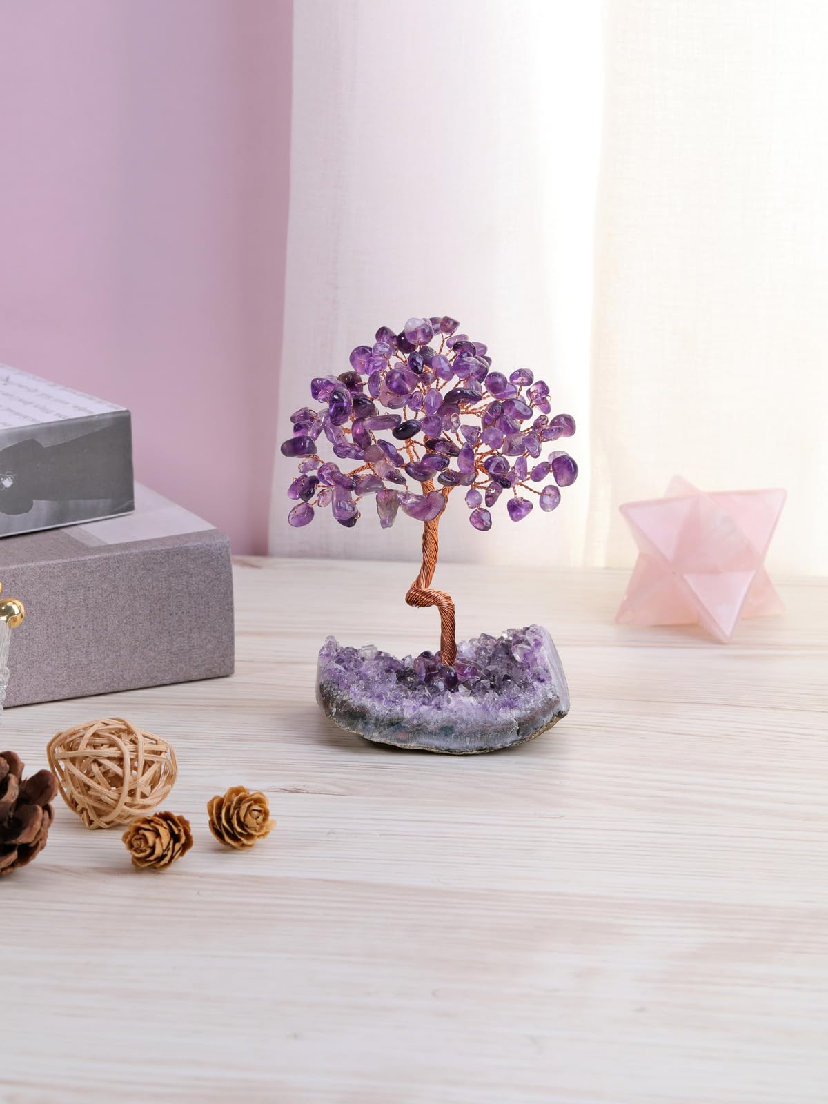 Jovivi Amethyst Crystal Tree of Life,Amethyst Cluster Base Money Tree Bonsai Decorations,Crystal Tree for Positive Energy,Handmade Gemstone Tree,Purple Room Office Desk Feng Shui Tree Decor