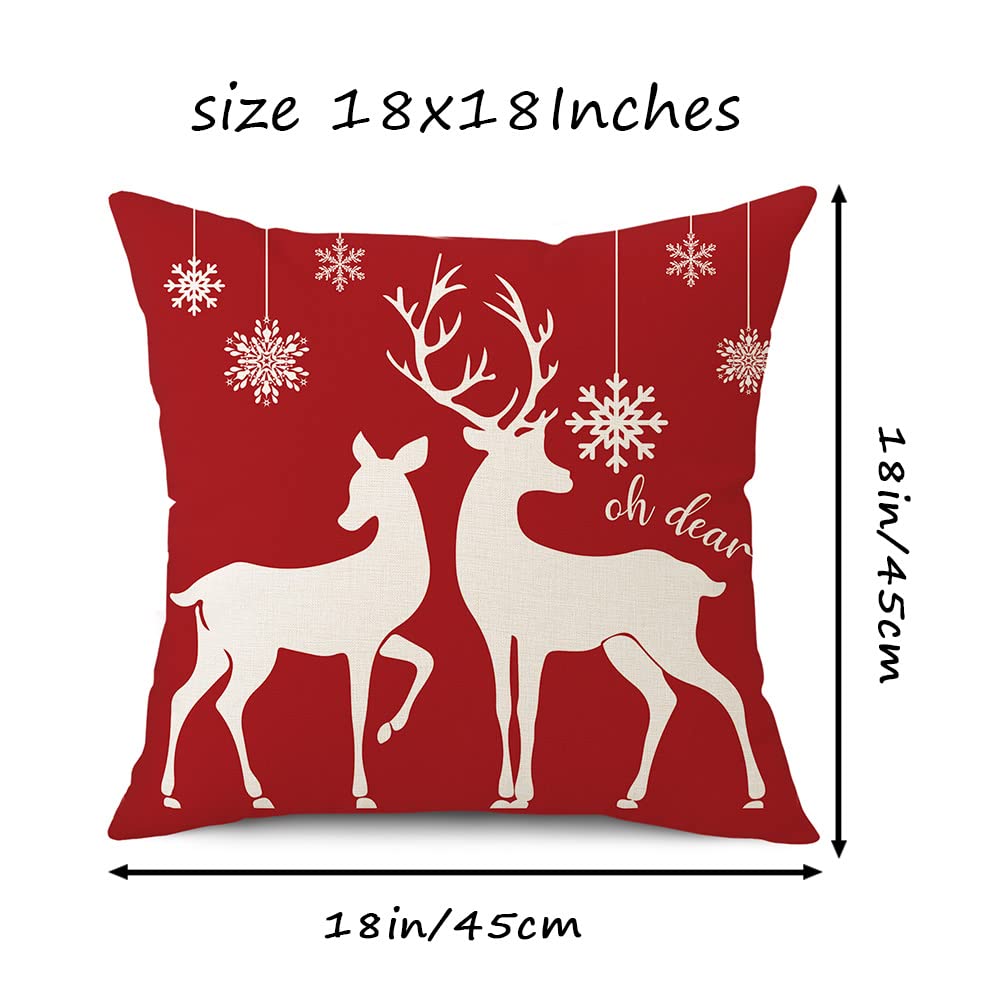 Coeufuedy Red Christmas Pillow Covers - 18x18 Inch Set of 4 Snowflake Trees & Deer Decorative Cushions for Home & Sofa