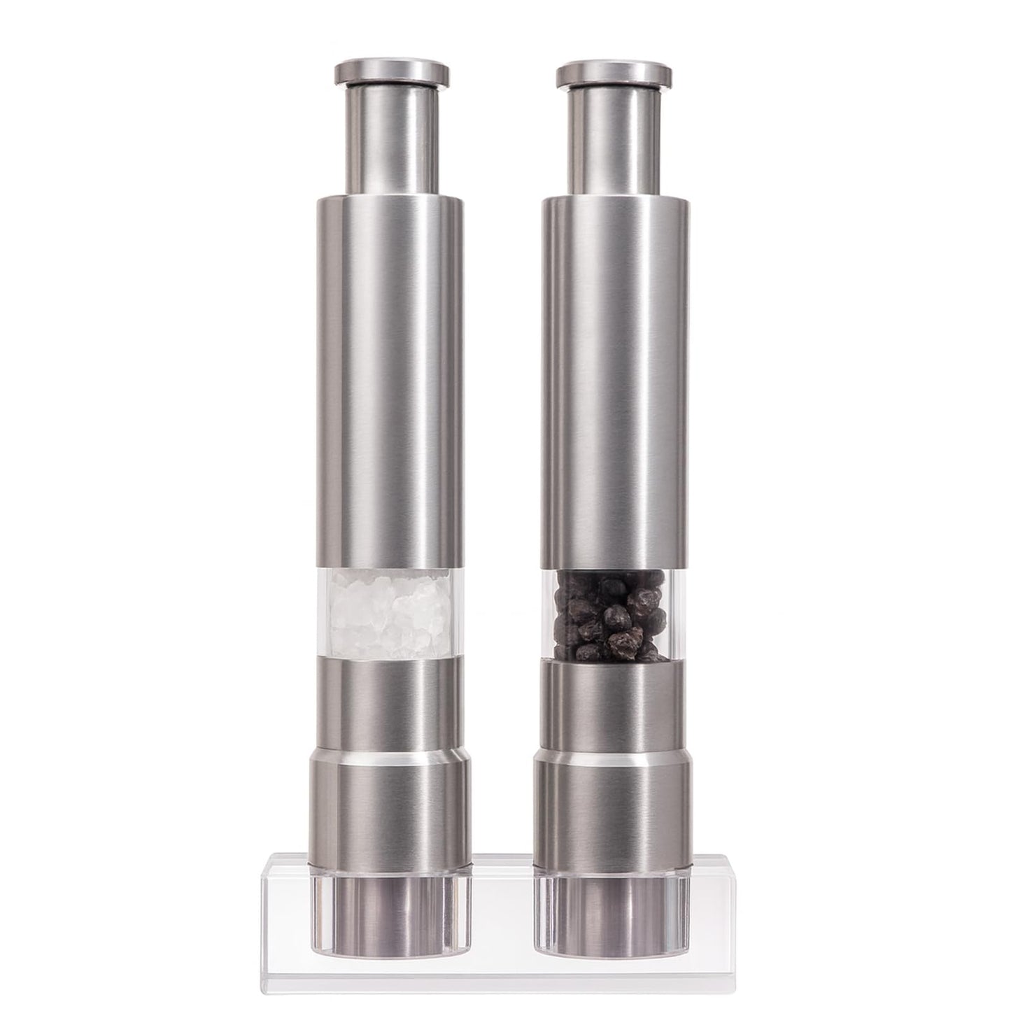 Salt and Pepper Grinder Set, Pump & Grind Peppermill, 2 Refillable Stainless Steel Mills with Thumb Press, One-Handed Salt and Pepper Grinder with Clear Acrylic Stand for Kitchen and Dining