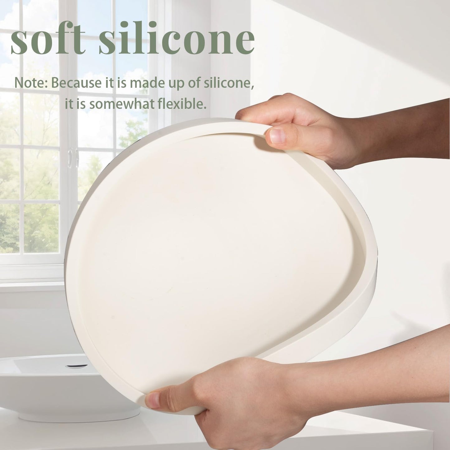 Silicone Bathroom Tray Round Vanity Tray Decorative Soap Holder Kitchen Countertop Organizer Coffee Table Decor for Candle, Perfume, Plant, 10 Inch, Beige