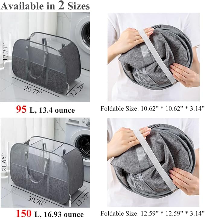 150L Collapsible Laundry Basket, 3-Compartment Foldable Hamper