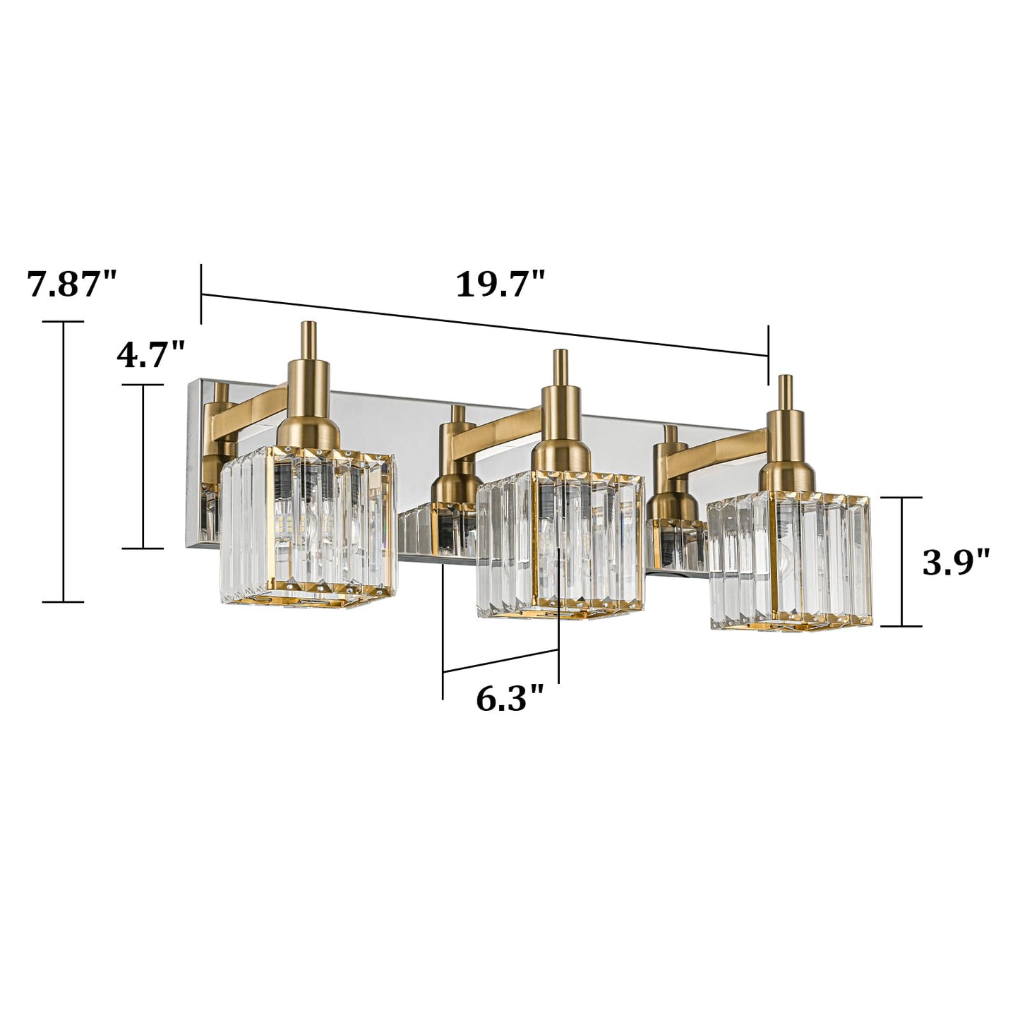 HUOKU Crystal Bathroom Vanity Light Gold Chrome 3-Light Modern Bathroom Lighting Fixtures Over Mirror Square Wall Sconce