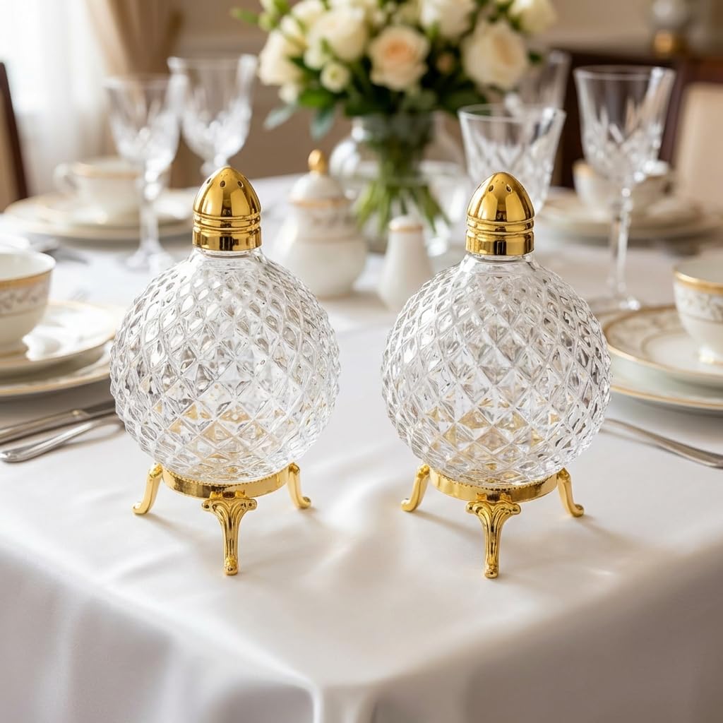 Crystal Glass Salt and Pepper Shakers with Gold Metal Stand and Lid, Diamond Cut Design, 4.33 Inches Height, 2 Piece Set