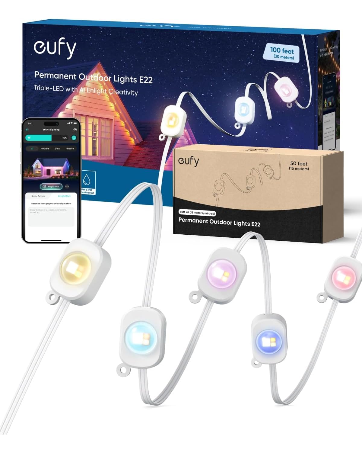eufy Permanent Outdoor Lights E22, 100ft+ 50ft kit (Total 150ft) with 90 Triple-LED Lights, Smart RGBWW, Up to IP67 Waterproof, AI Lighting Themes for Halloween, Christmas, Links with Cameras, White