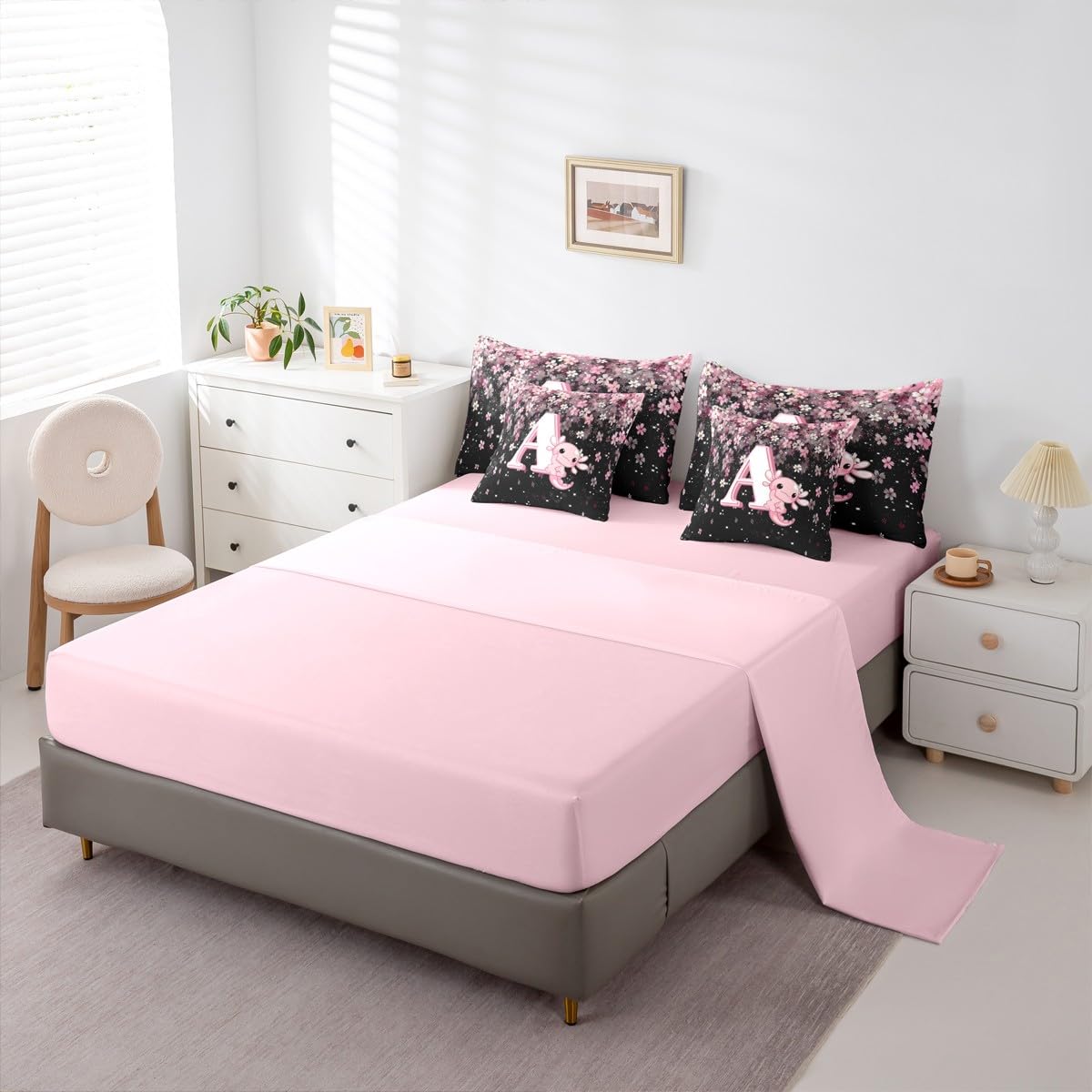 Erosebridal Pink Axolotl Comforter Set for Teen Girl (Pink Black,7Pcs,Twin Size) - Cute Initial Letter A Bed in A Bag Cherry Blossom Bedding Set Girly Preppy Cute Axolotl Quilt with Initial Design