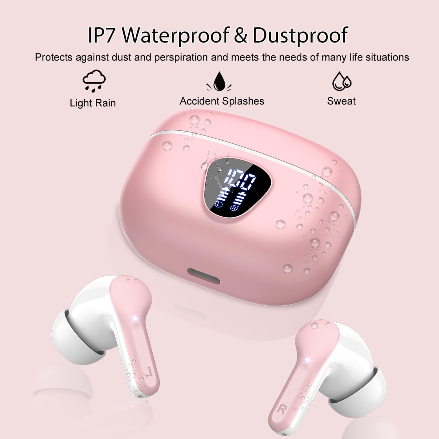 Wireless Earbuds, Bluetooth 5.4 Headphones HiFi Stereo, Bluetooth Earbuds with ENC Noise Cancelling Mic, IP7 Waterproof in Ear Earphones, 48H, LED Display Ear Buds for Pad Phones Workout Sports, Pink