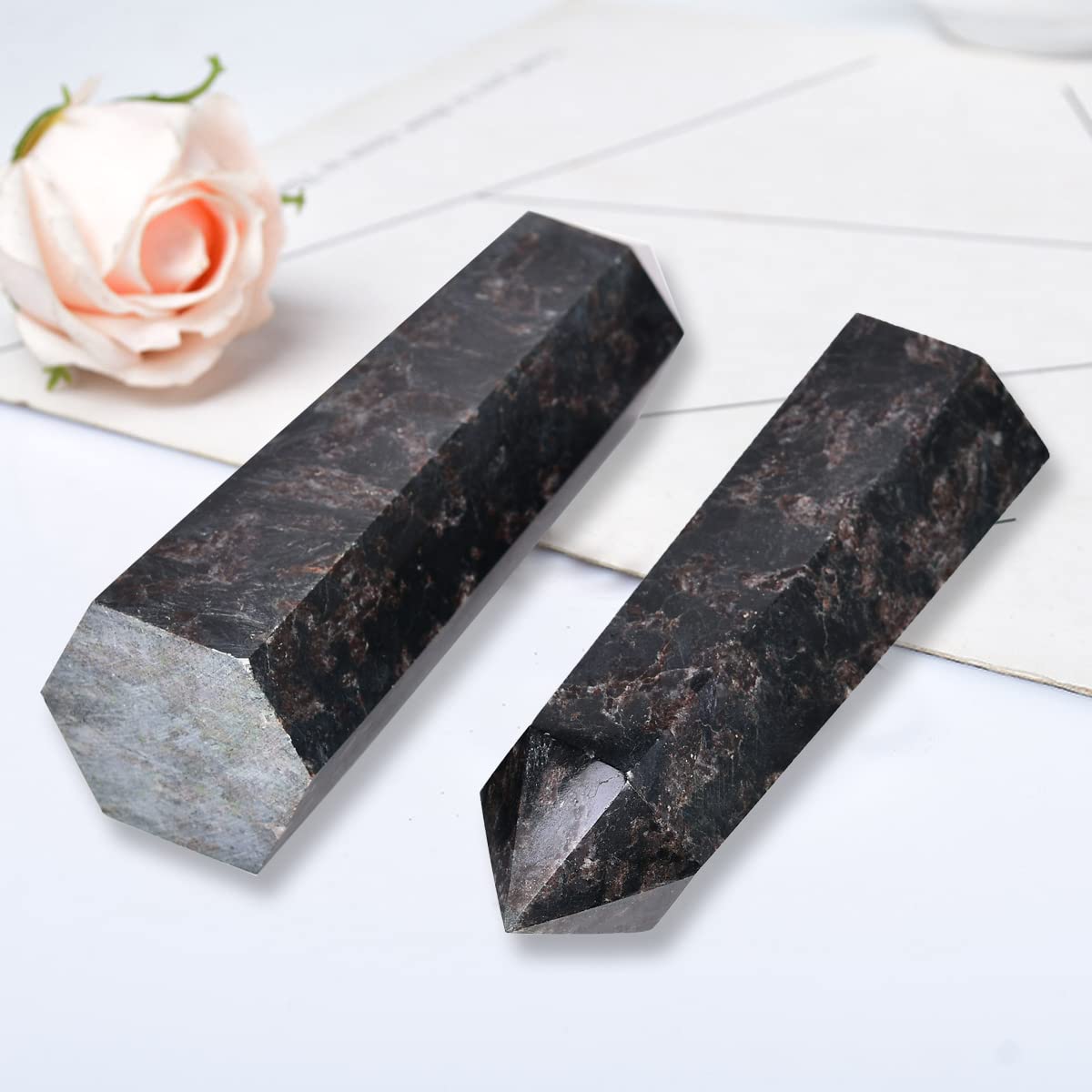 MOGEMT Astrophyllite Obelisk Large Crystal Tower Black Firework Quartz Stone 6 Faceted Single Point Wand Reiki Healing 2.0-2.5 LBS
