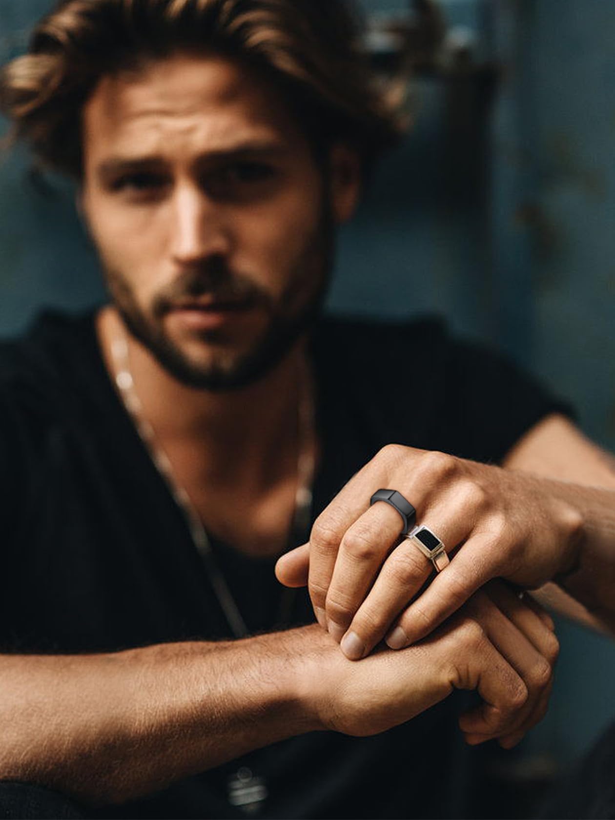 ChainsHouse Personalized Engravable Stainless Steel Black Hexagon Geometric Biker Ring Bands, Size 13