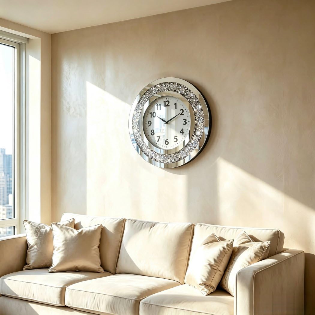 DMDFIRST Acrylic Glass Diamond Decor Round Clock, 15.7x15.7x1.7 Inches Silver Glass Round Decorative Clock, Silent Quartz Movement (No Second Hand), Modern Sparkle Home Decor (AA Battery Not Included)