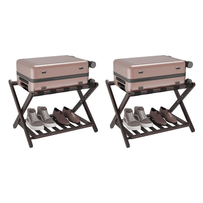 Smuxee Fully Assembled Brown Luggage Racks Pack of 2, Upgraded Bamboo Foldable Suitcase Stand with 5 Nylon Straps, Luggage Holder with Shelf for Guest Room Bedroom Hotel