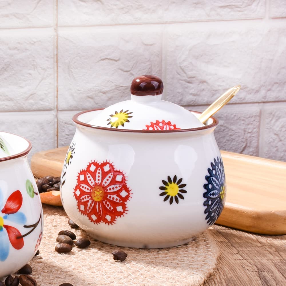 Whitenesser Ceramic Sugar Bowls with Spoons, Salt Jar Seasoning Container with Lid for Home and Kitchen (XYH)