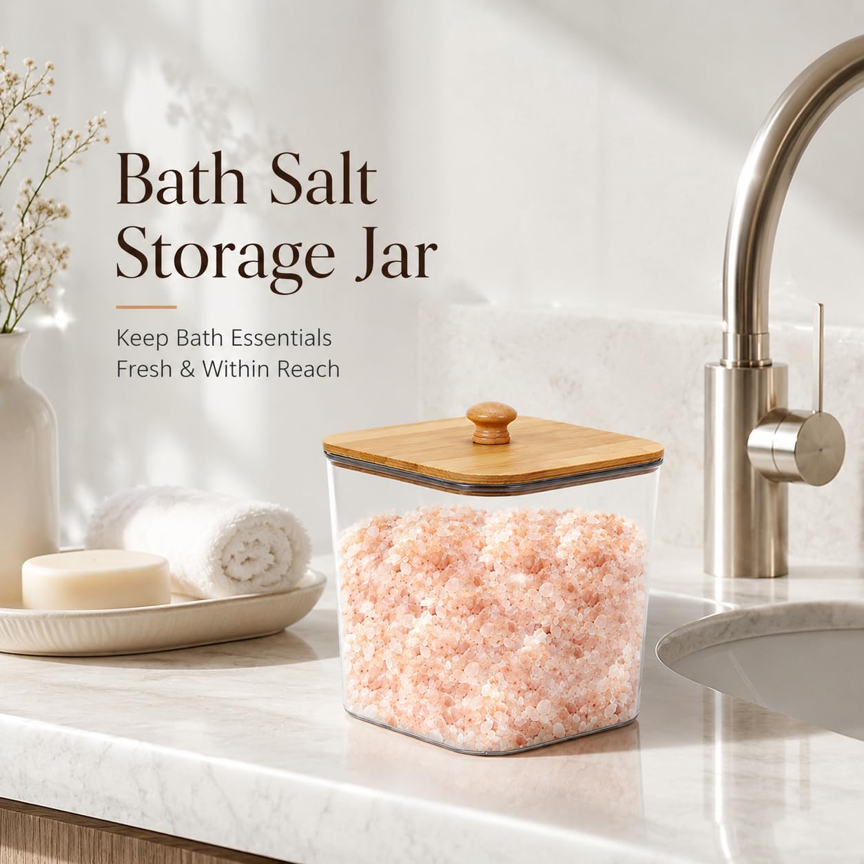 Yomjarl Bath Salt Container,2 Pack Clear Plastic Storage Bathroom Canisters with Wooden Lids & Handle,Airtight Bath Salt Dispenser Jars for Bathroom Organization Accessories,Bathtub Decor Box