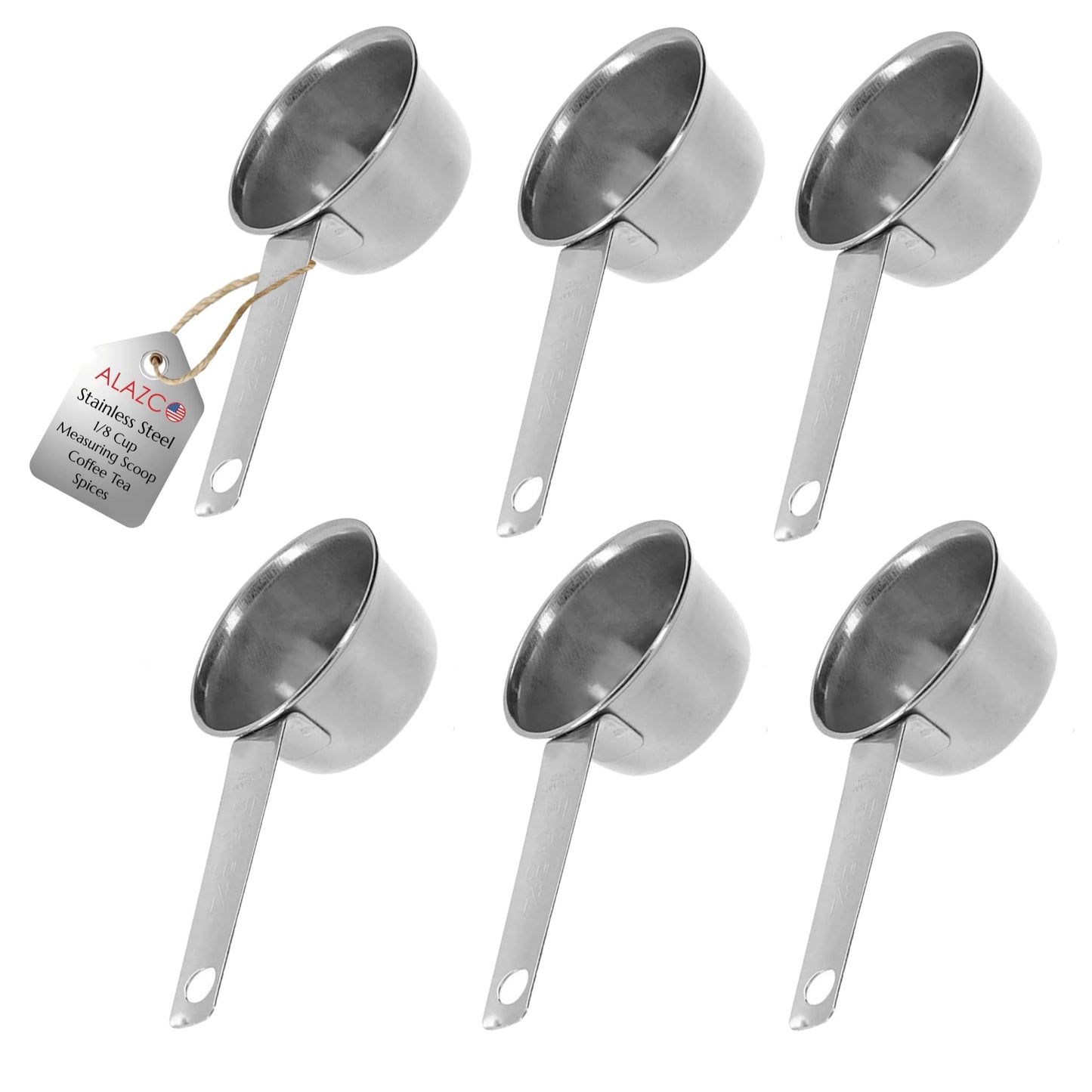 6pc STAINLESS STEEL ALAZCO COFFEE MEASURING SCOOP 1/8 CUP - Kitchen Baking Cooking Measuring Scoop Spice Herbs Salt Sugar Flour Cocoa Protein Powder Keto Cream Scoop