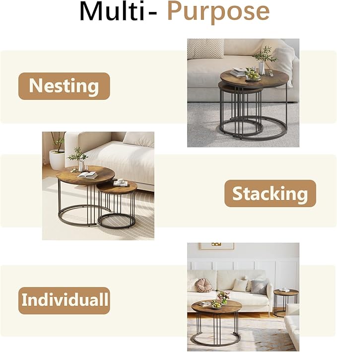 Garden 4 you Nesting Coffee Table, 23.6" Round Coffee Table Set of 2, Wooden