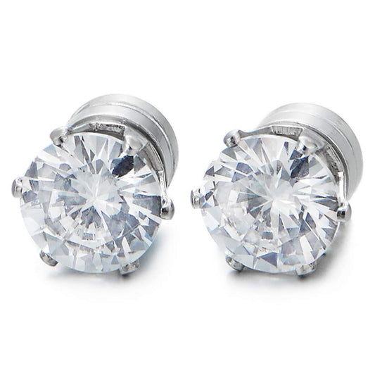 COOLSTEELANDBEYOND Unisex Magnetic Cubic Zirconia Stud Earrings, 8mm Brilliant Round Stainless Steel Non-Piercing Studs, 1 Pair