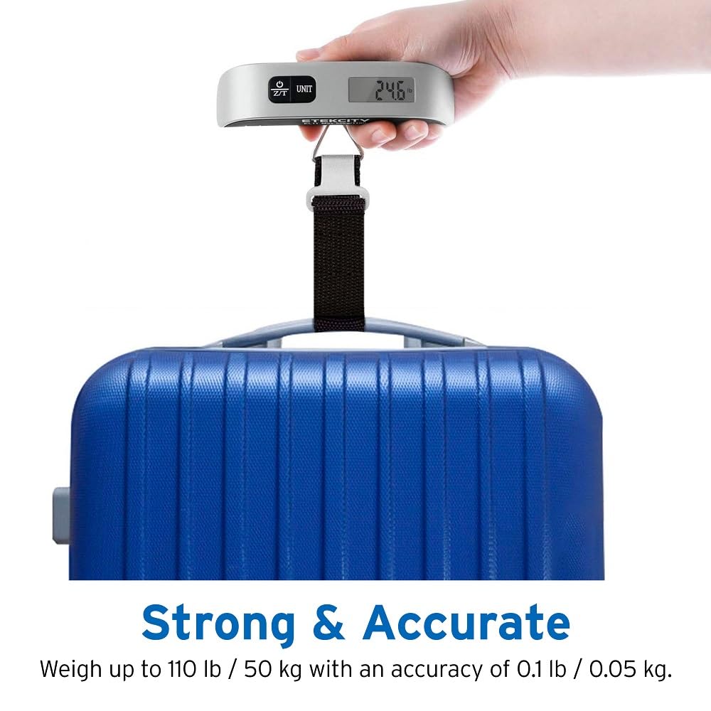 Etekcity EL11 Luggage Scale, Digital Portable Handheld Suitcase Weight for Travel with Rubber Paint, Temperature Sensor, 110 Pounds, Battery Included, Silver
