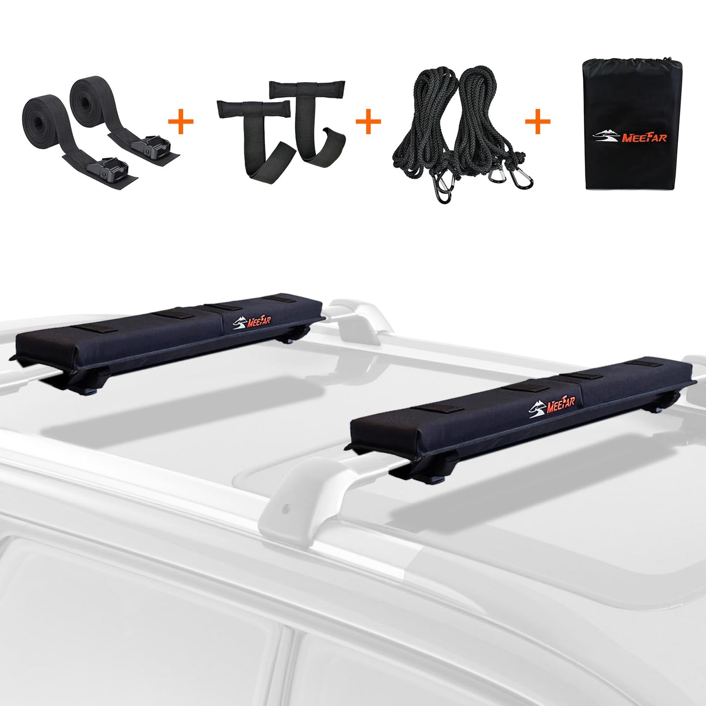 MeeFar Universal Roof Rack Pads Fit on Cross Bars - for Kayak/Surfboard/SUP/Canoe with 2 Heavy Duty Tie Down Straps, 2 Tie Down Rope, 2 Quick Loop Strap and Storage Bag