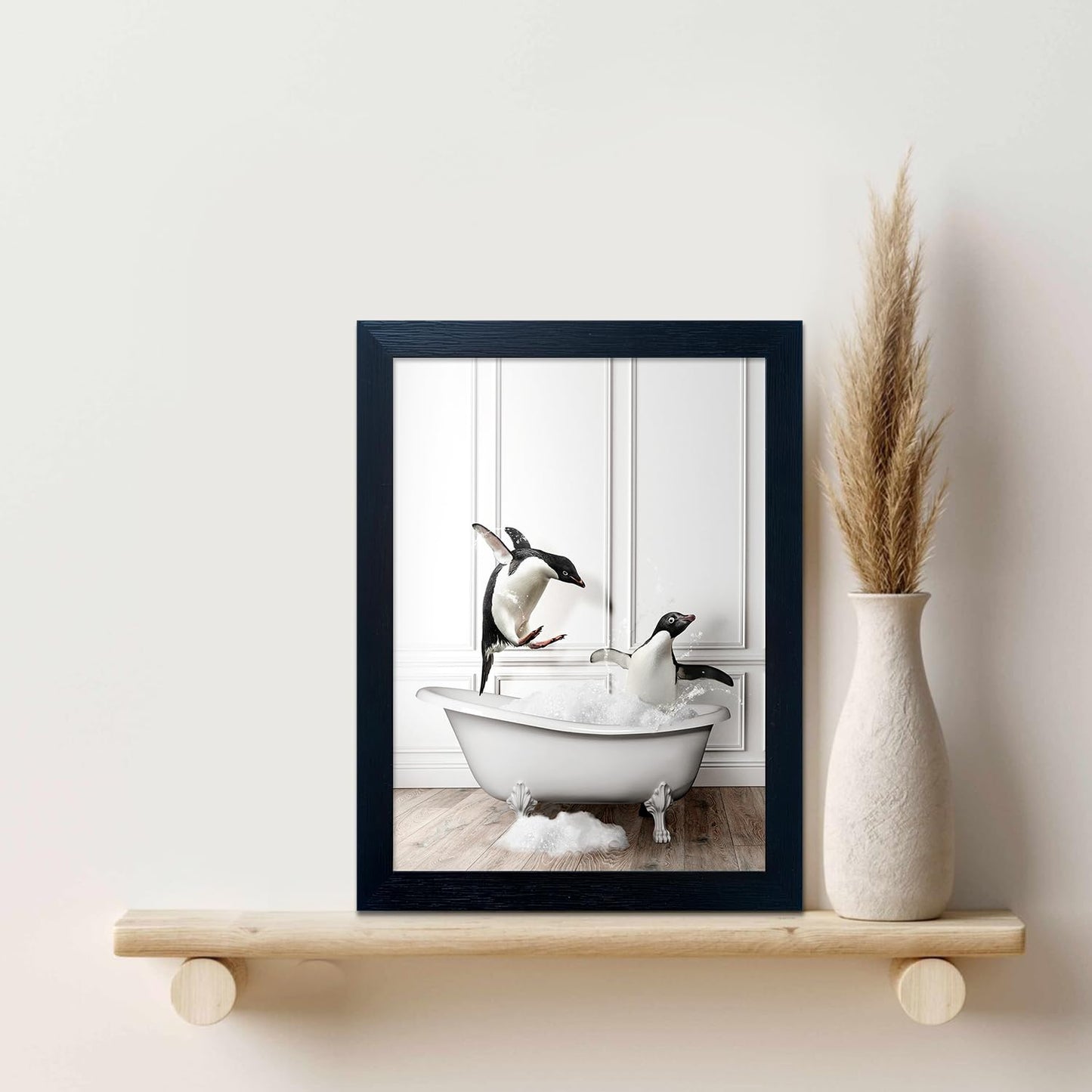 Bathroom Picture Wall Decor, Framed Black and White Bathroom Wall Art, Toilet Paper in Little Funny Raccoon's Hand Animal Canvas Print Painting