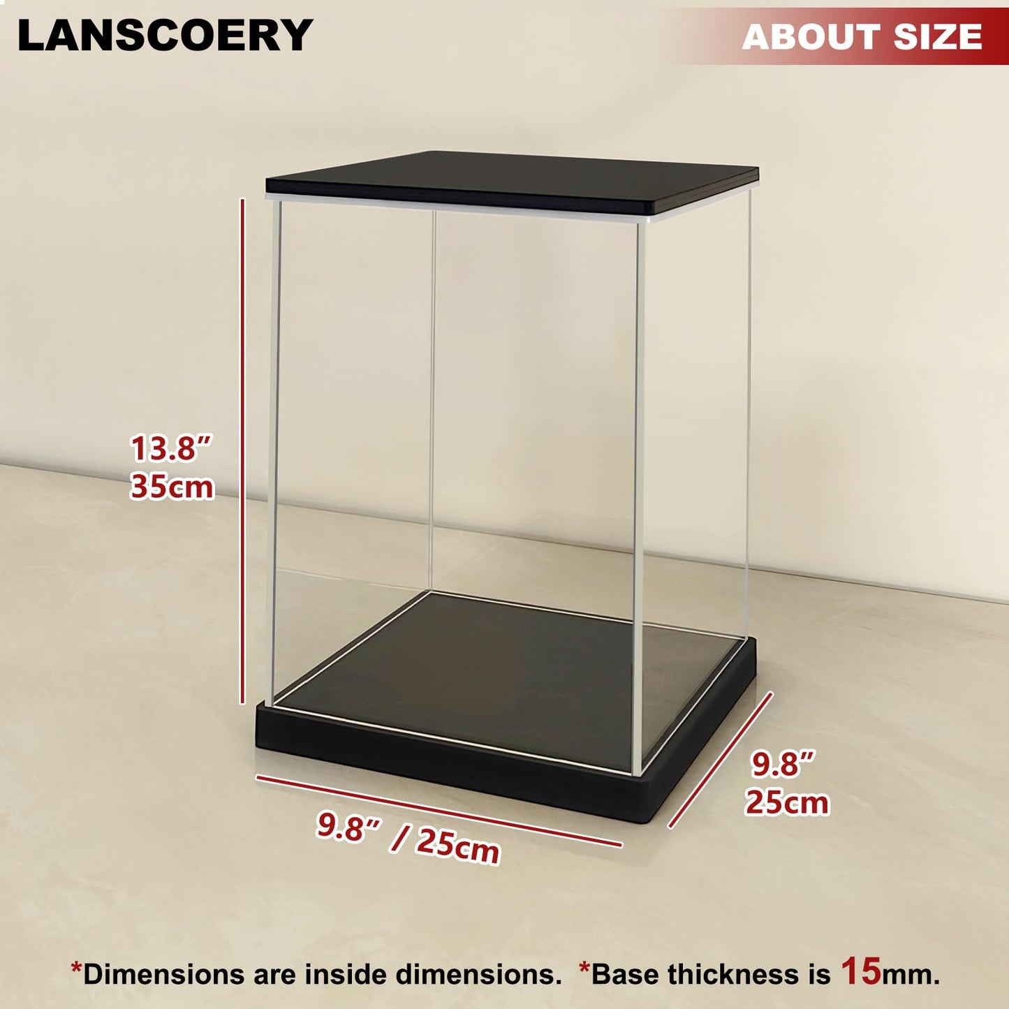 LANSCOERY Acrylic Display Case with Light, 9.8x9.8x13.8 in LED Display Case with 15mm Raised Base, 3mm Clear Panels, 3-Color Dimmable Lighting for Collectibles and Action Figures