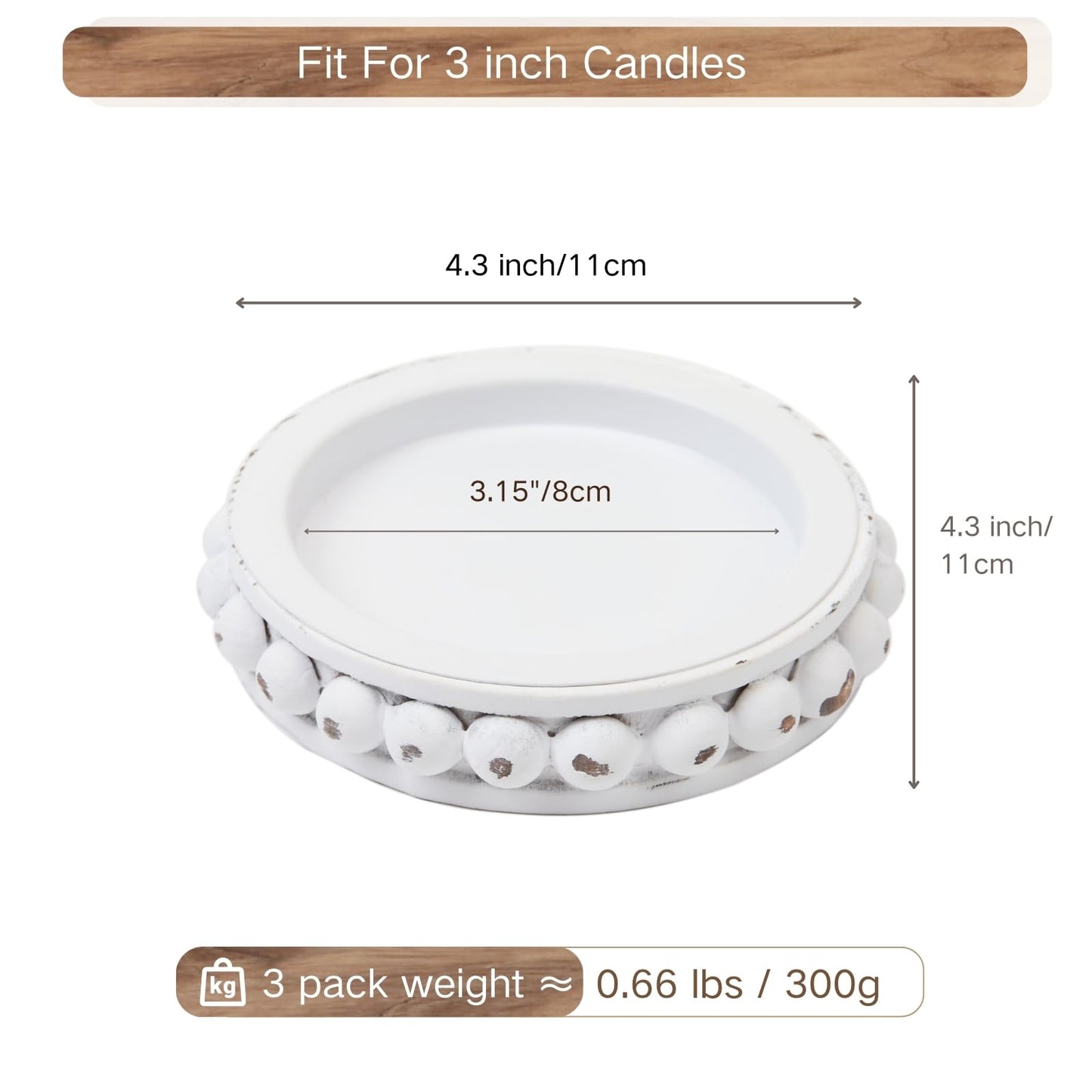 THORNIA Wooden Candle Holders for Pillar Candles, Set of 3 Wood Beaded Plate with Metal Cup Inserts, 4 Inch Rustic Farmhouse Tray Stand for Fireplace Mantel, Table Centerpiece Decor - White
