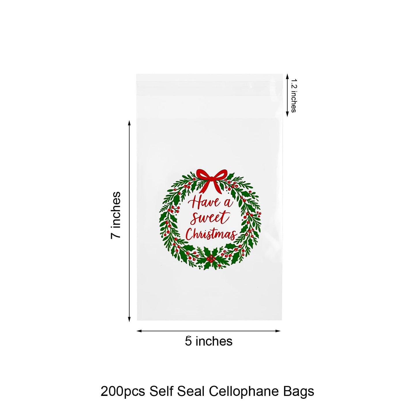 EKAPACKAGING 200 Pcs 5x7 Inches Self Sealing Cellophane Bags, Christmas Print Cookie Bags with Seal, Resealable Treat Bags for Party Favors, Bake Sale Packaging, Individual Packaging