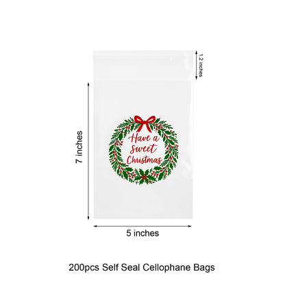 EKAPACKAGING 200 Pcs 5x7 Inches Self Sealing Cellophane Bags, Christmas Print Cookie Bags with Seal, Resealable Treat Bags for Party Favors, Bake Sale Packaging, Individual Packaging