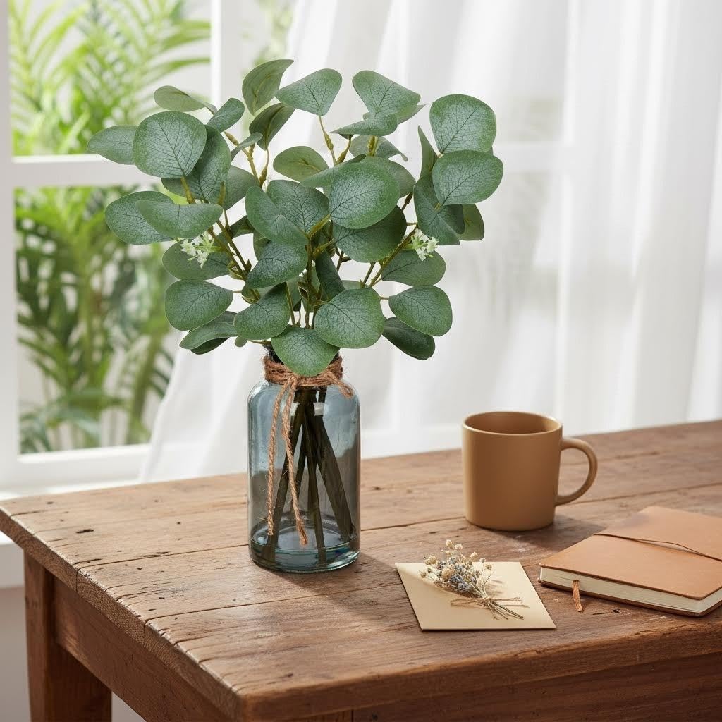 Briful Artificial Eucalyptus Stems in Black Glass Vase with Faux Water, 14" Fake Plant Eucalyptus Leaves for Home Office Farmhouse Wedding Centerpiece Décor