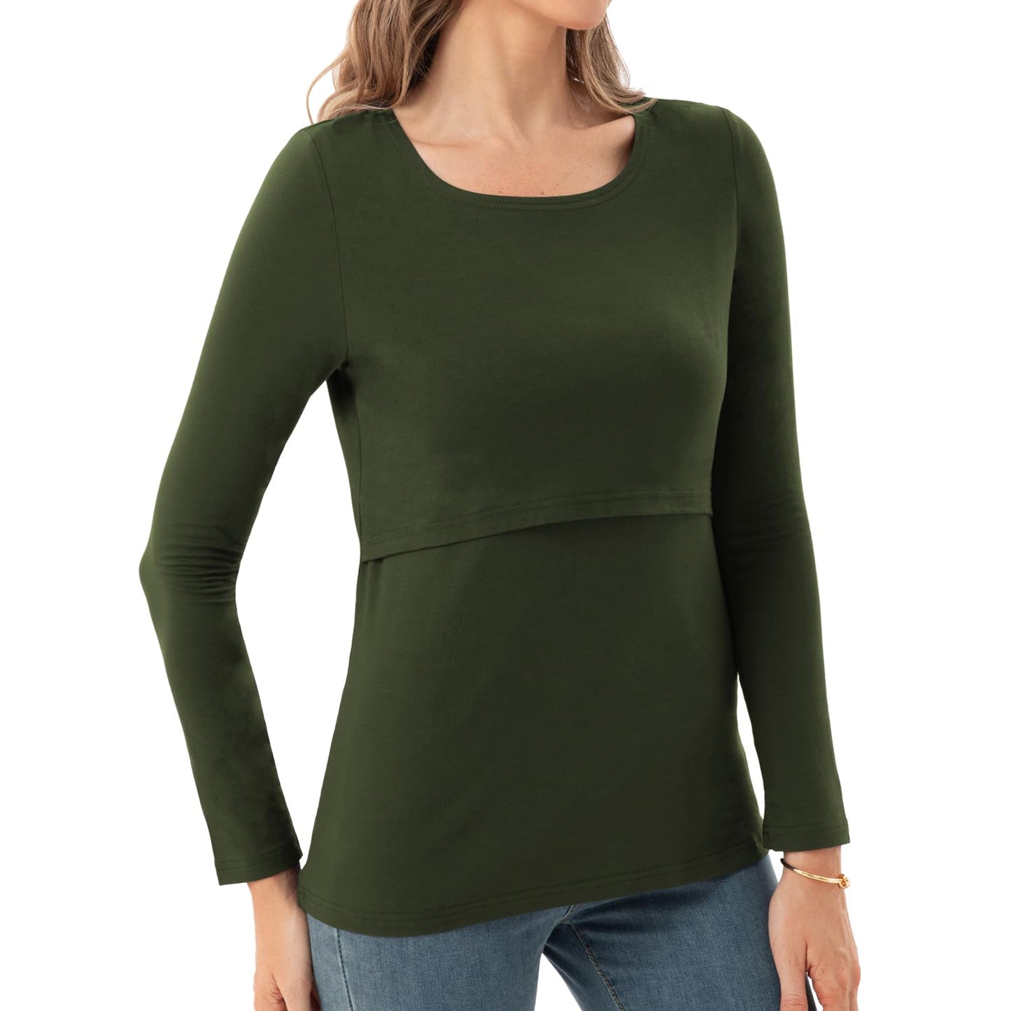 Bearsland Women's Nursing Shirt Long Sleeve Round Neck Breastfeeding Top, Black & Army Green & White Stripes, L