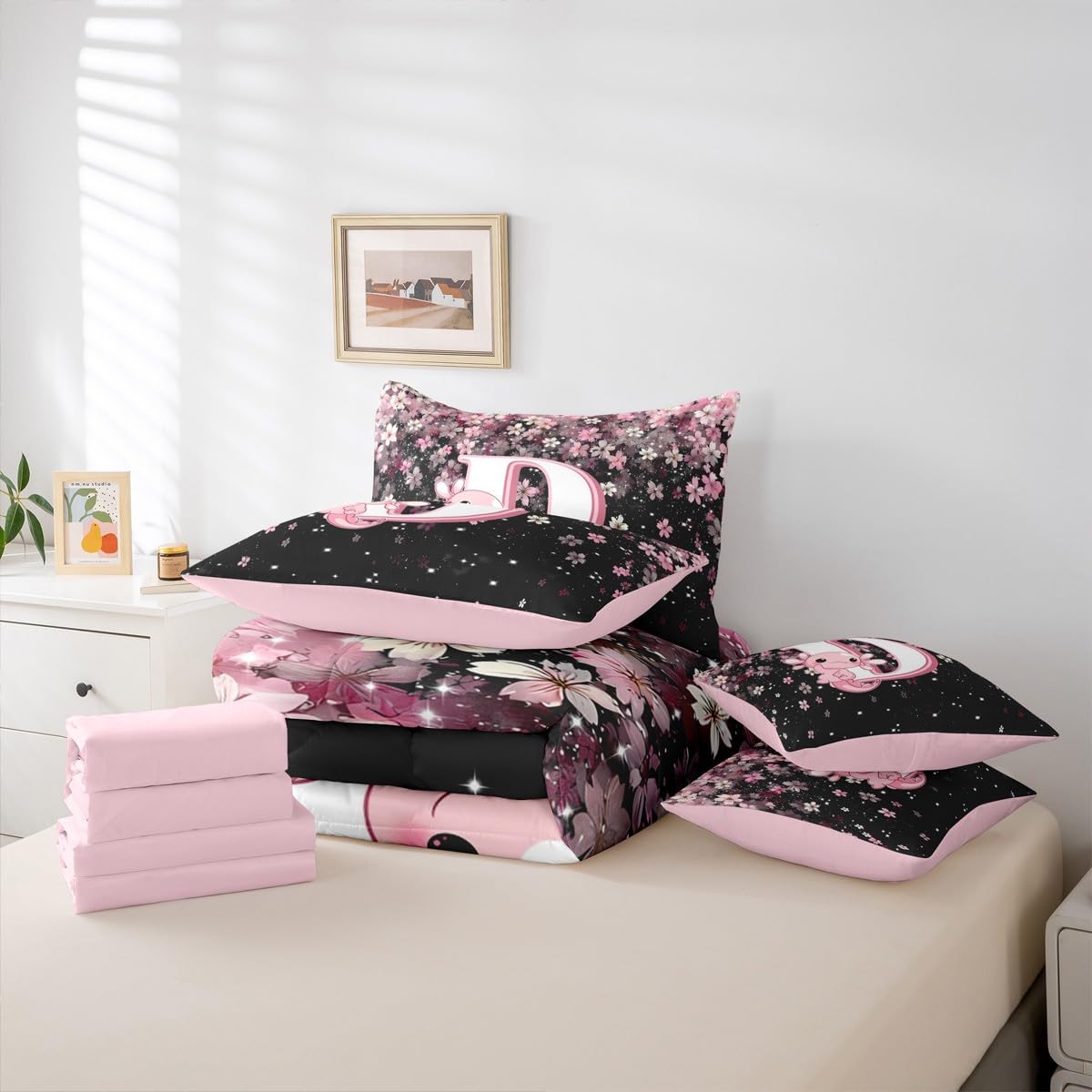 Erosebridal Japanese Cherry Blossom Bed in A Bag (Twin Size,7 Pieces) Cute Initial Axolotl Comforter Set with Sheets for Teen Girl Pink Axolotl Bedding Set with Letter D Design Monogram Duvet Insert