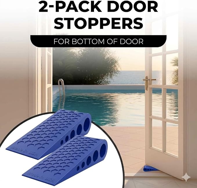 Door Stoppers for Bottom of Door Premium Floor Rubber Door Stop Wedge Made in USA Heavy Duty Honeycomb Design for Carpet, Tile, Ideal for Home, School, Commercial,Blue 3 Pack