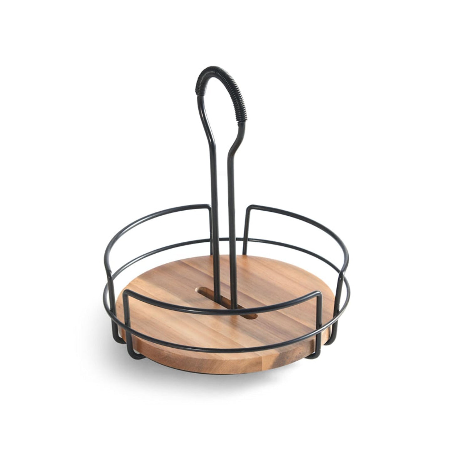 Mikasa Gourmet Basics Hanover Condiment Caddy with Rotating Caddy Organizer Design, Acacia Wood Insert - Durable, BPA-Free, Heavy-Gauge Carbon Structured Steel for Condiment Storage