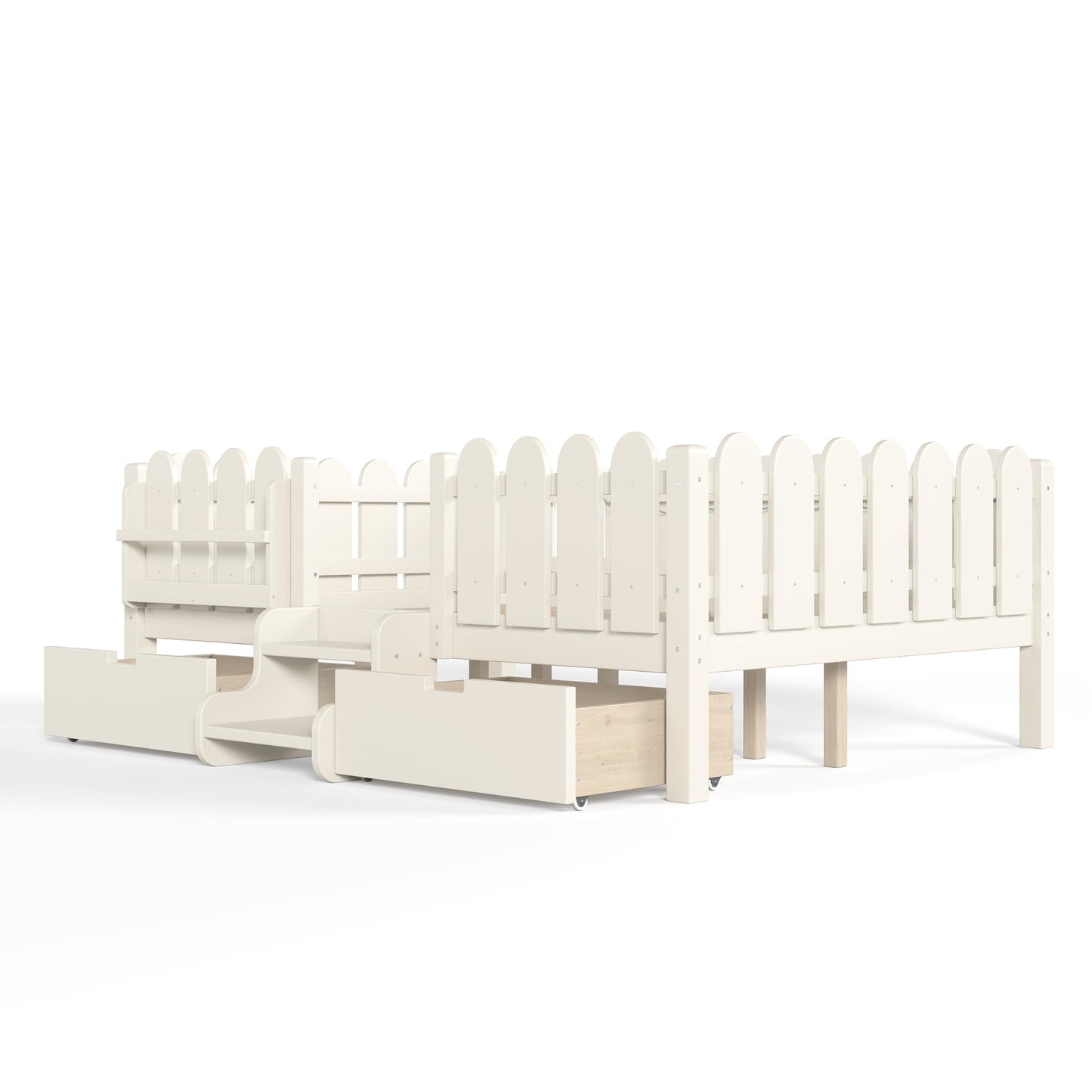 Bellemave Full Kids Montessori Bed with Stairs, Bookshelf and LED Lights, Solid Wood Kids Bed Frame with Storage Drawers for Boys Girls, Low Profile,Beige