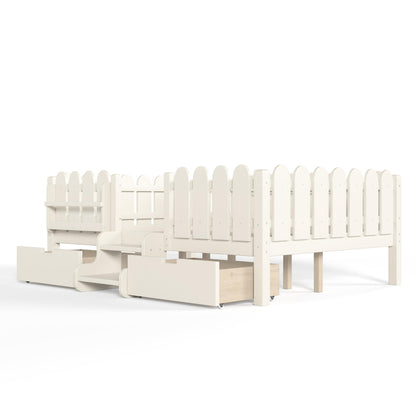Bellemave Full Kids Montessori Bed with Stairs, Bookshelf and LED Lights, Solid Wood Kids Bed Frame with Storage Drawers for Boys Girls, Low Profile,Beige