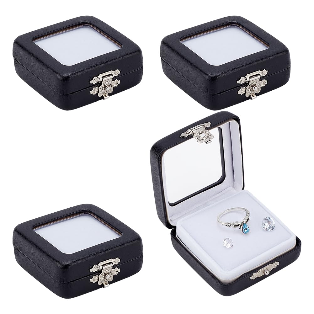 PH PandaHall 4pcs PU Leather Gemstone Display Box, Small Jewelry Containers Black Rectangle Storage Case Rock Collection Box with Visible Window and Sponge for Small Items Gems Diamond Displaying