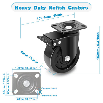 Nefish 5 Inch Heavy Duty Casters Set of 4, Industrial Grade Casters 9900 lbs, Low Gravity Plate Swivel Caster with Brake, Durable & Corrosion-Resistant Nylon Wheels for Industrial, Equipment, Machine