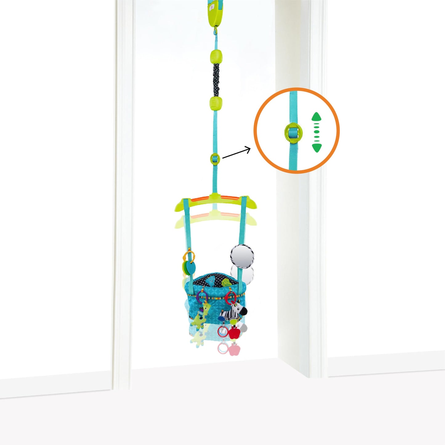 Bright Starts, Door Jumper - Bouncer 'n Spring Deluxe with Padded Seat, Door Clamp, Adjustable Strap, 4 Take-Along Toys, Ages 6 Months +
