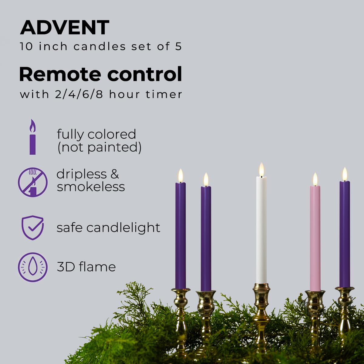 Stmarry Flameless Advent Candles, Set of 5 - Flickering LED Flame, 10 Inch Taper Candlesticks, Remote Controlled - 3 Purple, 1 Pink, 1 White for Christmas Wreath