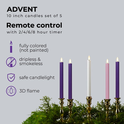 Stmarry Flameless Advent Candles, Set of 5 - Flickering LED Flame, 10 Inch Taper Candlesticks, Remote Controlled - 3 Purple, 1 Pink, 1 White for Christmas Wreath