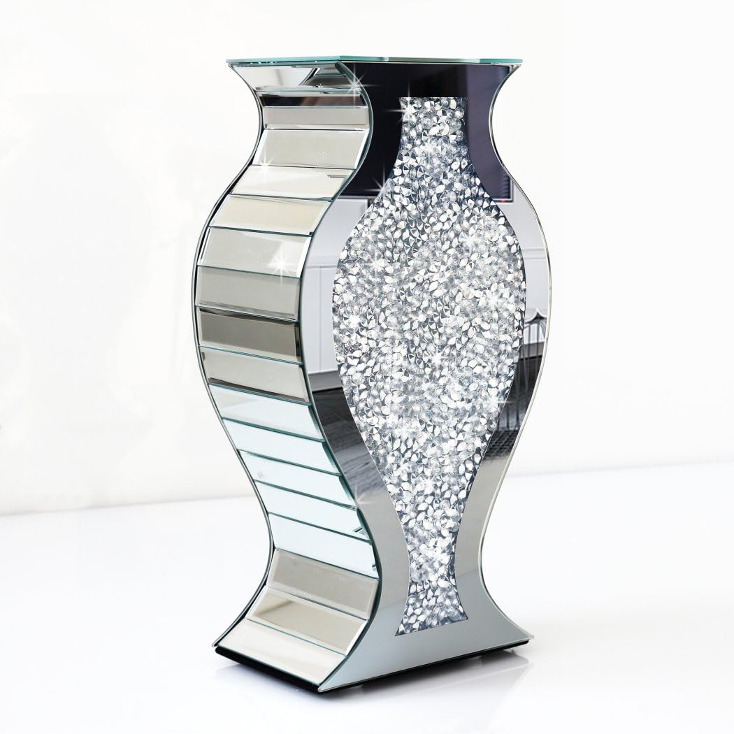 Crushed Diamond Mirrored Vase 15" S-Curve Silver Sparkle Decor Centerpiece