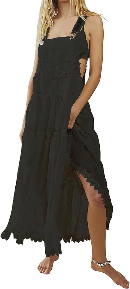 Women's Casual Lace Embroidered Maxi Dress Adjustable Strap Pleated Tiered Swing Long Dress with Pockets