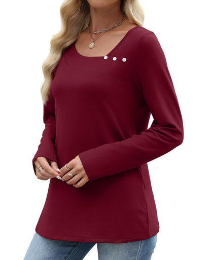 OFEEFAN Long Sleeve Shirts for Women Fall Clothes Asymmetric Square Neck Tunic Tops Decorative Buttons