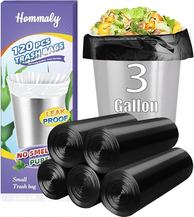 3 Gallon 120pcs Small black Trash Bags Plastic Strong black Garbage Bags