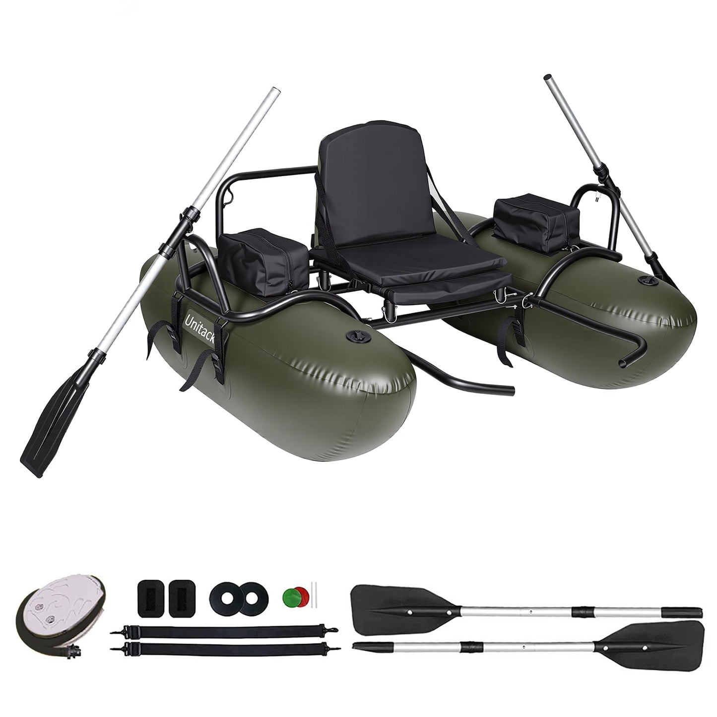UNITACKCLE Inflatable Fishing Float Tube, Pontoon Boat with Adjustable Footrest, Folding Padded Seat, Paddles, Foot Air Pump Included, 249 LBS Load Capacity, Belly Boat Suitable for One Person Fishing
