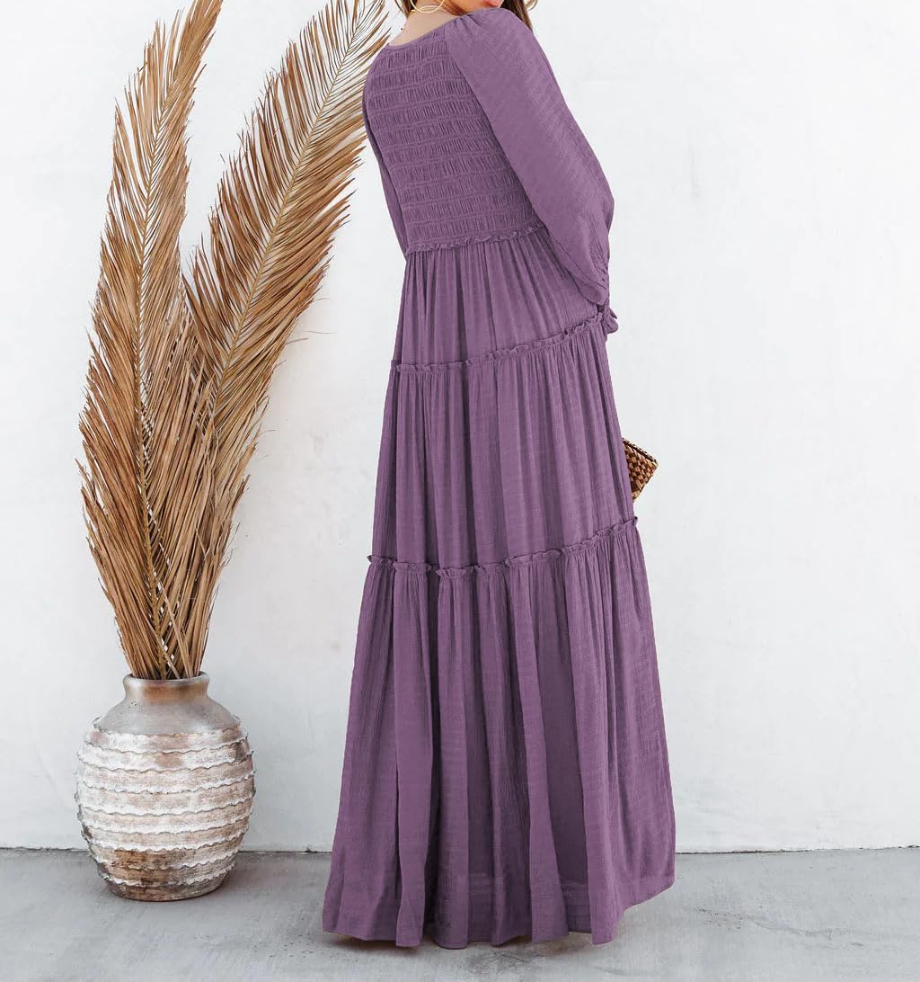 R.Vivimos Maxi Dress for Women Long Sleeve V Neck Empire Waist Layered Ruffle Boho Casual Flowy Long Dresses